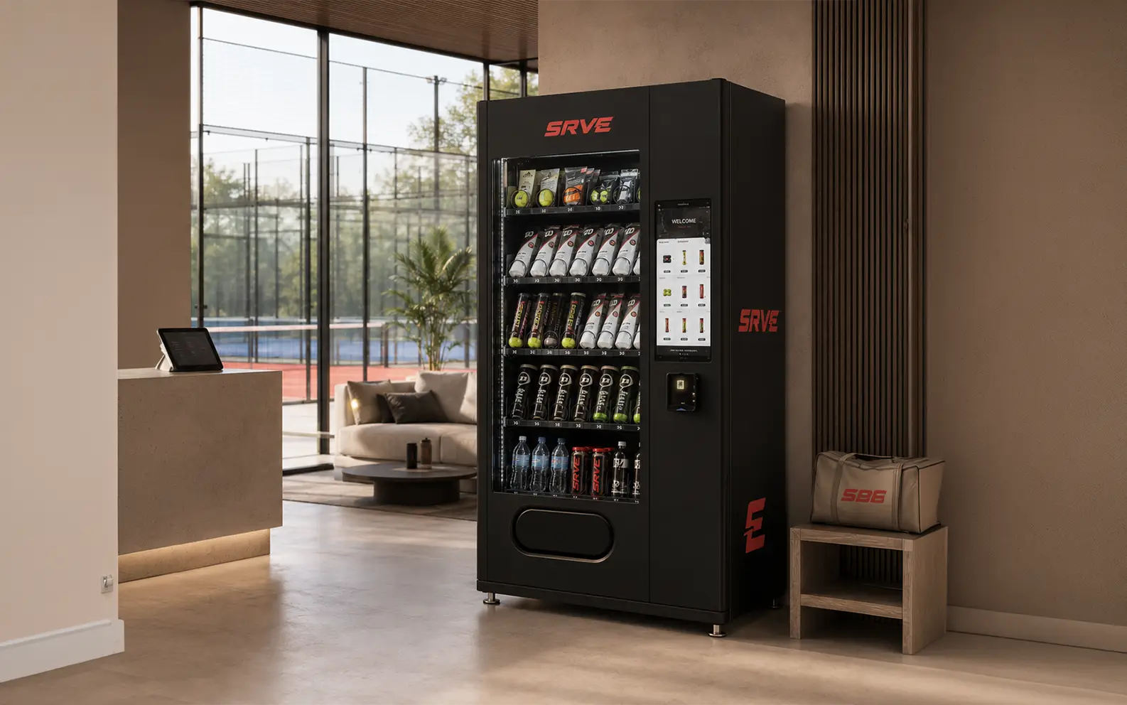 SRVE padel vending machines in a premium club setting